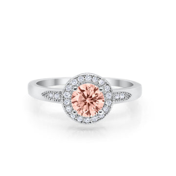 Halo Art Deco Engagement Ring Round Simulated Morganite CZ 925 Sterling Silver